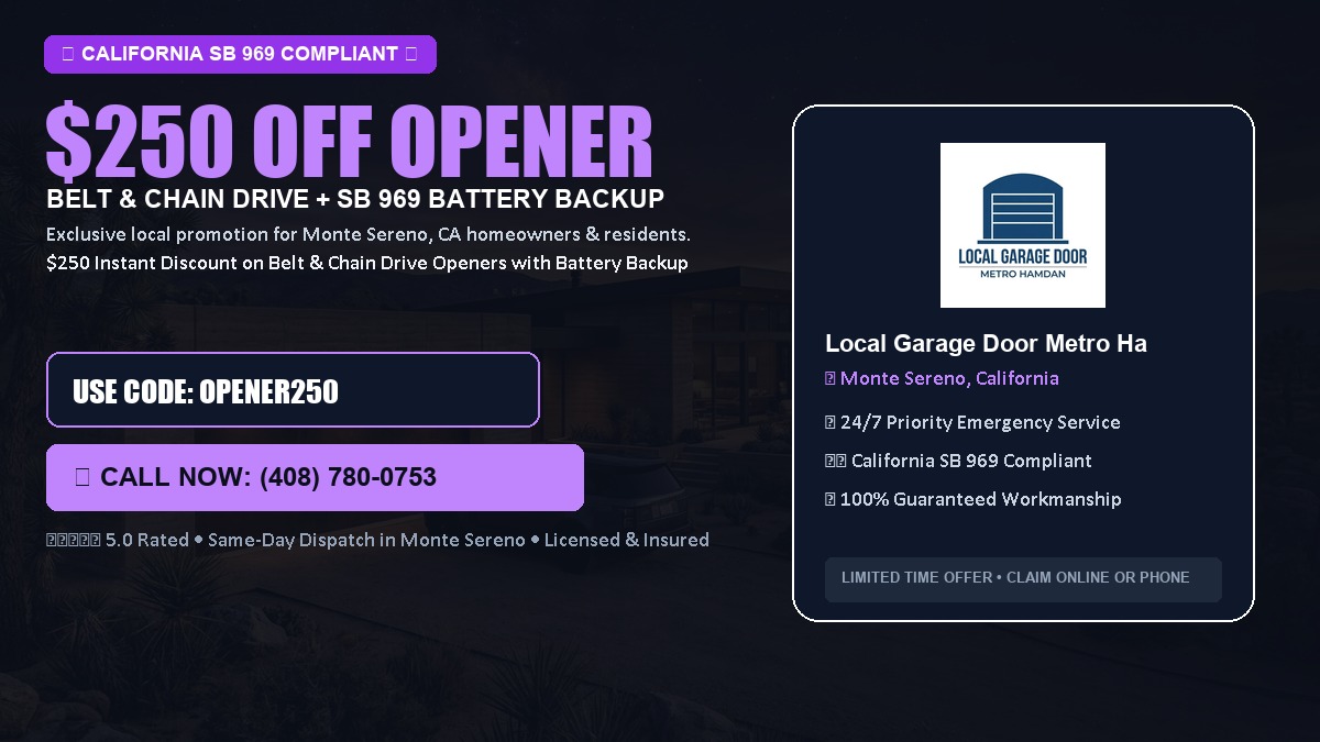 $250 OFF Smart Garage Door Opener Installation (Belt & Chain Drive with California SB 969 Battery Backup) in Monte Sereno, CA